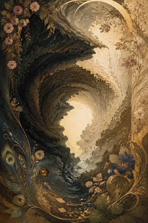 Art Nouveau interpretation of Chaos with a primordial chasm and the first threads of light.