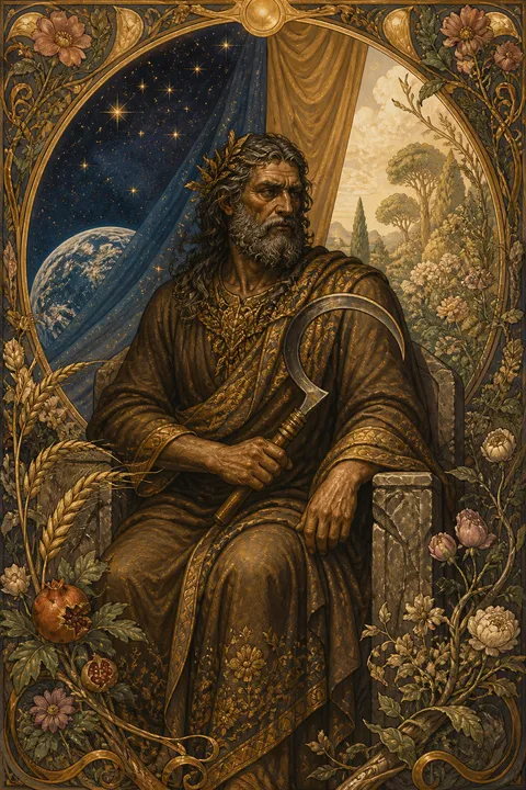 Art Nouveau interpretation of Cronus with a curved sickle and a stark stone throne.