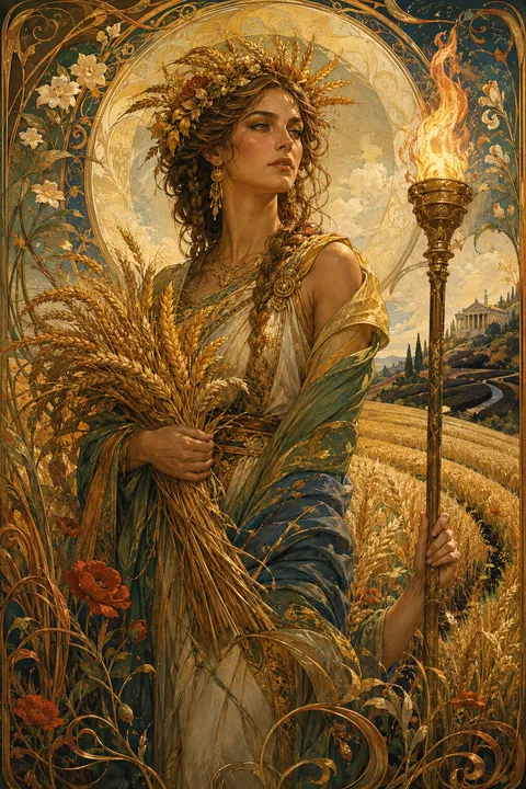 Art Nouveau interpretation of Demeter with wheat, poppies and a glowing torch.
