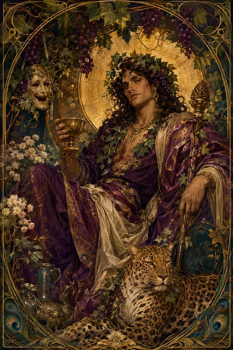 Art Nouveau interpretation of Dionysus with ivy, grapes, a thyrsus and a theatre mask.