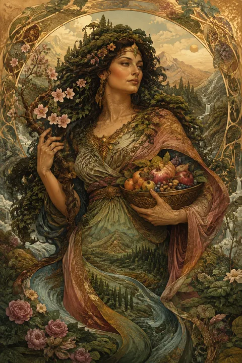 Art Nouveau interpretation of Gaia with fruit, mountains and a living forest.