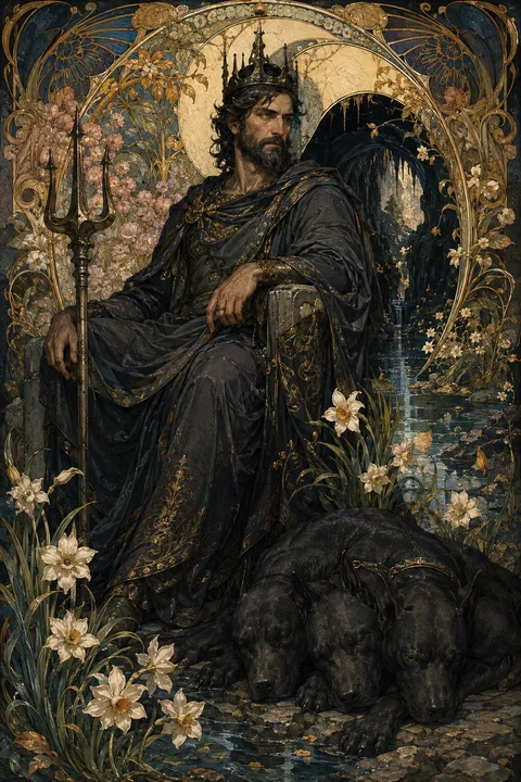 Art Nouveau interpretation of Hades with a bident, an underground river and three-headed Cerberus.