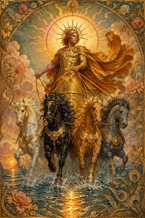 Art Nouveau interpretation of Helios with a radiant crown and a four-horse sun chariot.