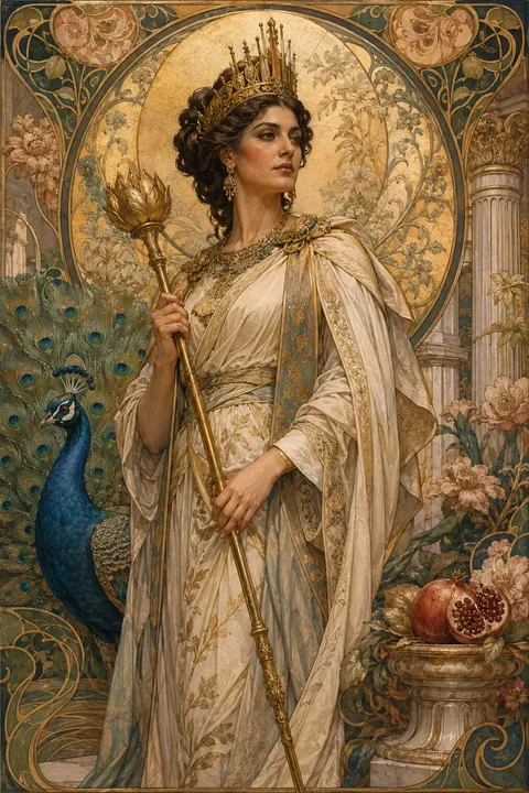 Art Nouveau interpretation of Hera with a peacock, a crown and a royal scepter.