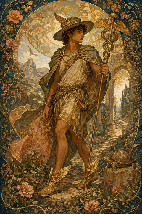 Art Nouveau interpretation of Hermes with winged sandals, a herald’s staff and a tortoise.