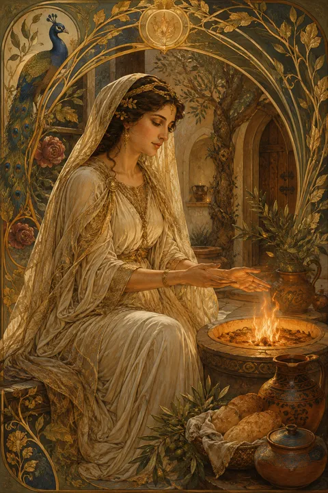 Art Nouveau interpretation of Hestia with a steady hearth flame, bread and terracotta vessels.