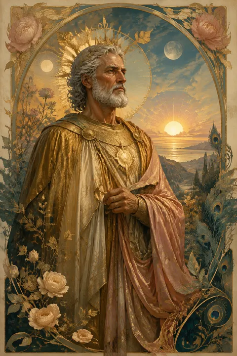Art Nouveau interpretation of Hyperion with three celestial lights and a vast dawn horizon.