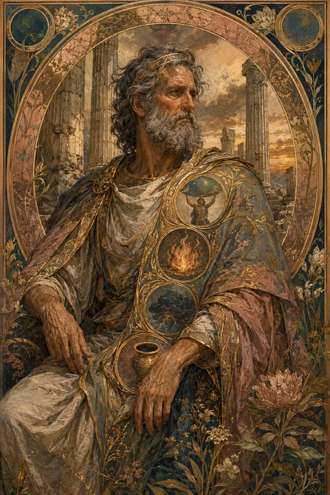 Art Nouveau interpretation of Iapetus with colossal stone columns and symbols of his Titan family.