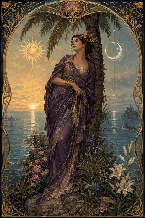 Art Nouveau interpretation of Leto with a palm tree, an island refuge and twin lights.