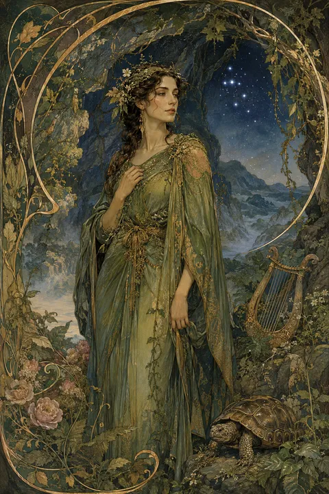 Art Nouveau interpretation of Maia with an Arcadian cave, a tortoise and distant stars.