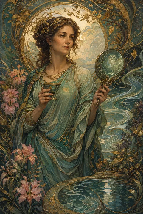Art Nouveau interpretation of Metis with a medicinal cup, a mirror and winding water.