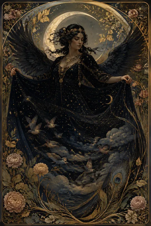 Art Nouveau interpretation of Nyx with a star-filled veil and dark wings.