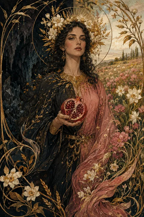 Art Nouveau interpretation of Persephone with a pomegranate and spring flowers beside a cavern.