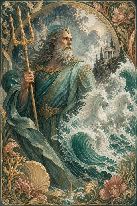 Art Nouveau interpretation of Poseidon with a trident, breaking waves and sea-foam horses.
