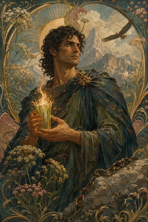 Art Nouveau interpretation of Prometheus with a fennel stalk carrying fire and a mountain chain.