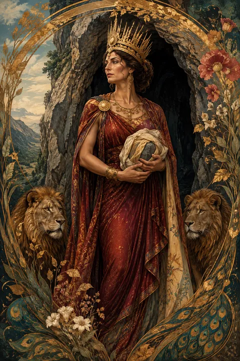 Art Nouveau interpretation of Rhea with lions, a mountain cave and a wrapped stone.