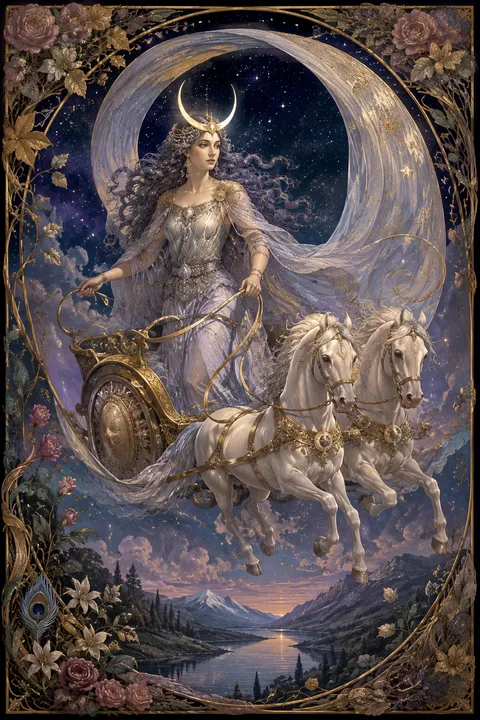 Art Nouveau interpretation of Selene with a crescent diadem and a moonlit chariot.