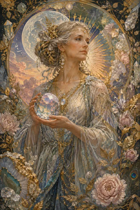 Art Nouveau interpretation of Theia with crystals, gold veins and refracted celestial light.