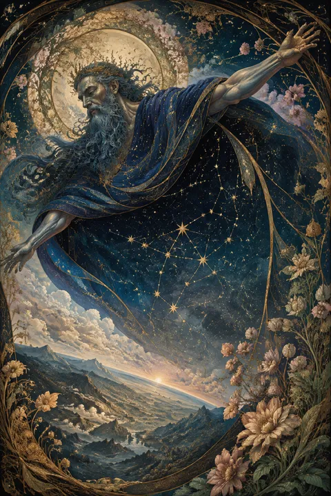 Art Nouveau interpretation of Uranus with a starry celestial dome above mountains.