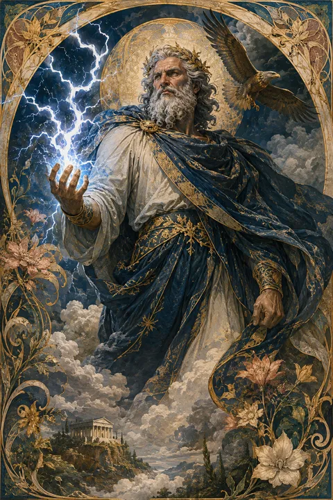 Art Nouveau interpretation of Zeus with an eagle and branching lightning.