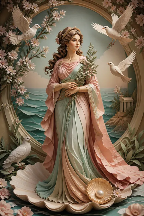 Paper sculpture interpretation of Aphrodite with myrtle, doves and an opalescent shore.
