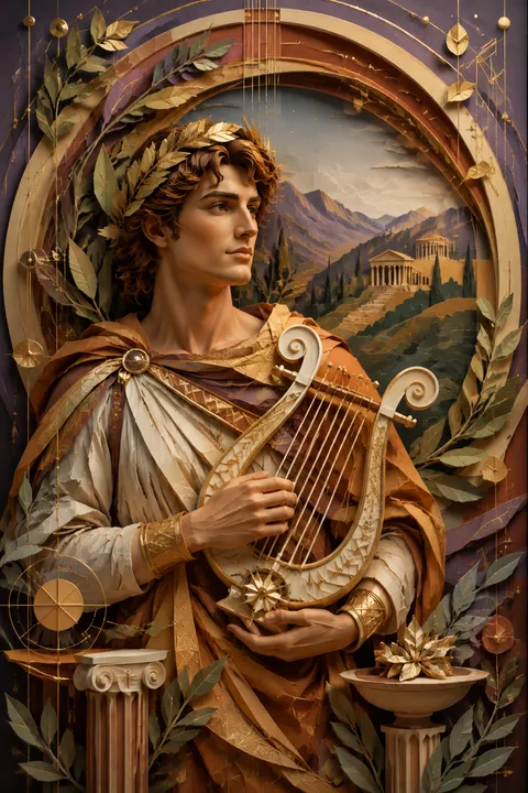 Paper sculpture interpretation of Apollo with a lyre, laurel leaves and a mountain sanctuary.