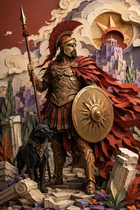 Paper sculpture interpretation of Ares with a bronze helmet, spear and round shield.