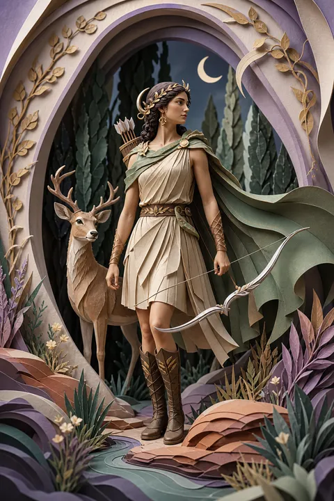 Paper sculpture interpretation of Artemis with a bow, a deer and a wild cypress forest.
