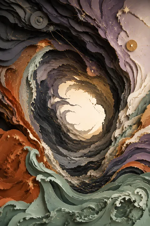 Paper sculpture interpretation of Chaos with a primordial chasm and the first threads of light.