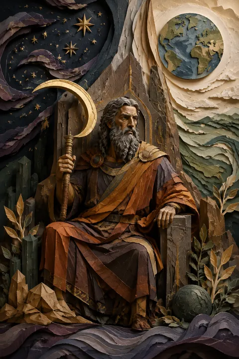 Paper sculpture interpretation of Cronus with a curved sickle and a stark stone throne.