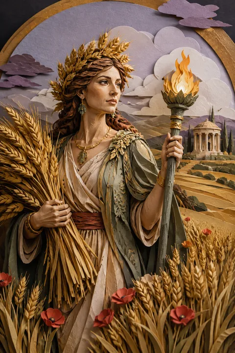 Paper sculpture interpretation of Demeter with wheat, poppies and a glowing torch.