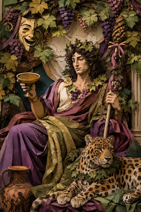 Paper sculpture interpretation of Dionysus with ivy, grapes, a thyrsus and a theatre mask.