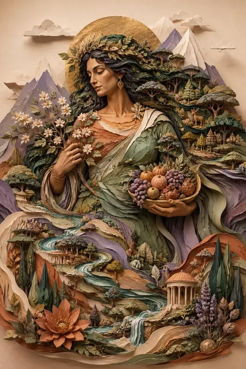 Paper sculpture interpretation of Gaia with fruit, mountains and a living forest.