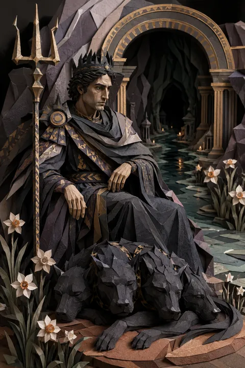 Paper sculpture interpretation of Hades with a bident, an underground river and three-headed Cerberus.