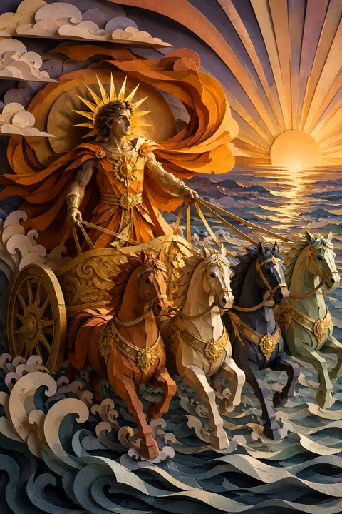 Paper sculpture interpretation of Helios with a radiant crown and a four-horse sun chariot.