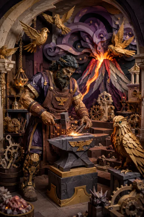 Paper sculpture interpretation of Hephaestus with an anvil, a hammer and intricate bronze inventions.