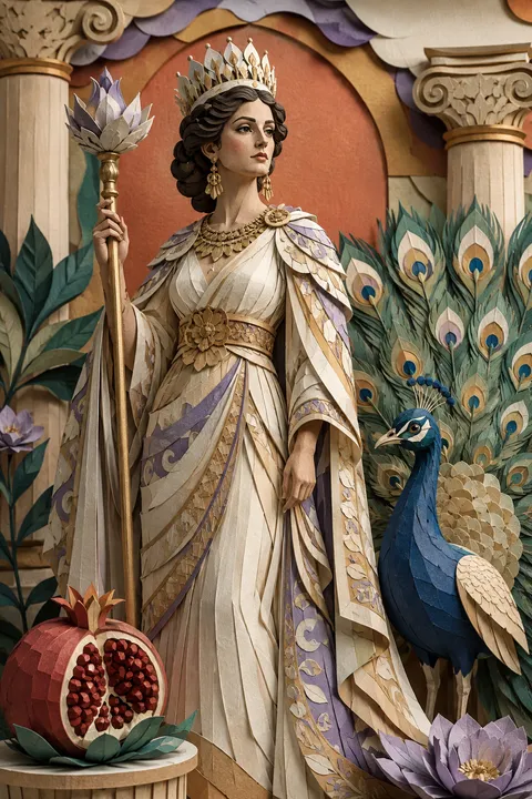 Paper sculpture interpretation of Hera with a peacock, a crown and a royal scepter.