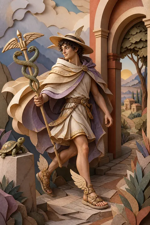 Paper sculpture interpretation of Hermes with winged sandals, a herald’s staff and a tortoise.