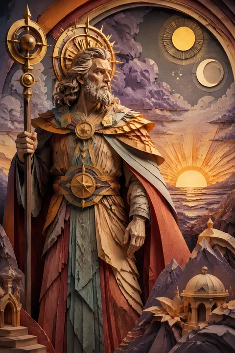 Paper sculpture interpretation of Hyperion with three celestial lights and a vast dawn horizon.