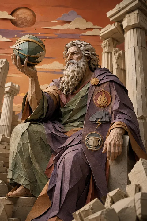 Paper sculpture interpretation of Iapetus with colossal stone columns and symbols of his Titan family.