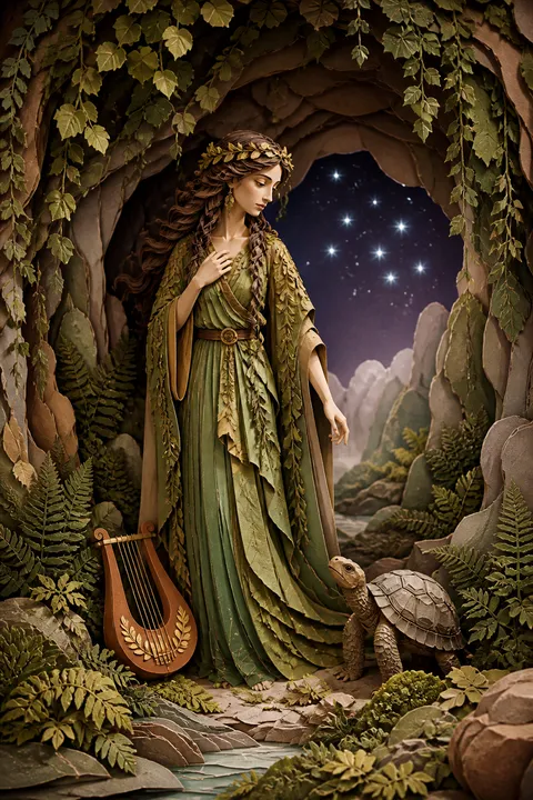 Paper sculpture interpretation of Maia with an Arcadian cave, a tortoise and distant stars.