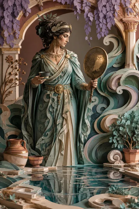 Paper sculpture interpretation of Metis with a medicinal cup, a mirror and winding water.