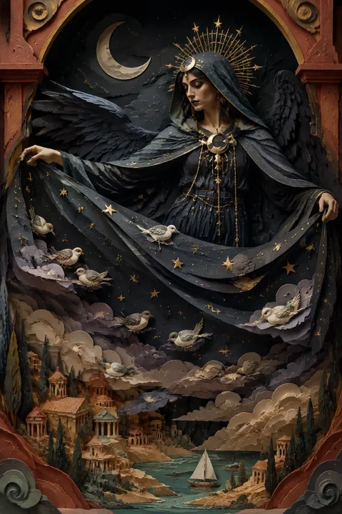 Paper sculpture interpretation of Nyx with a star-filled veil and dark wings.