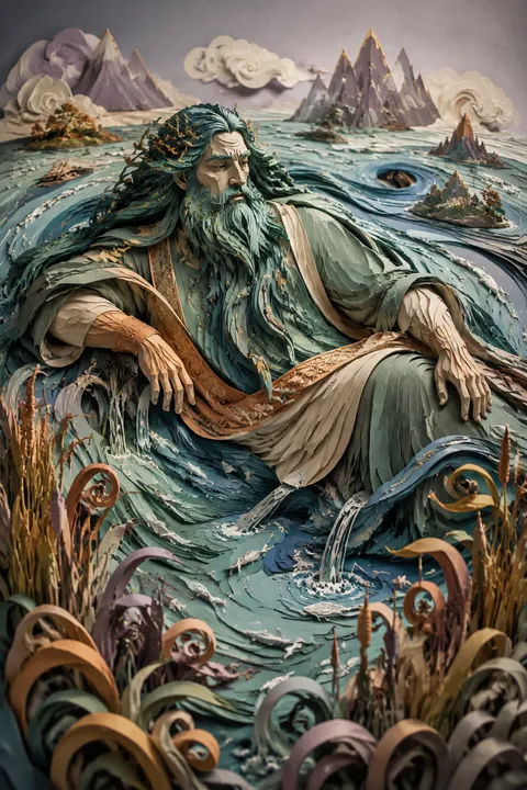 Paper sculpture interpretation of Oceanus with an encircling river, reeds and silver fish.