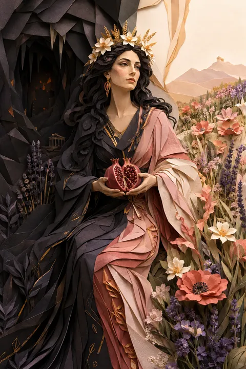 Paper sculpture interpretation of Persephone with a pomegranate and spring flowers beside a cavern.