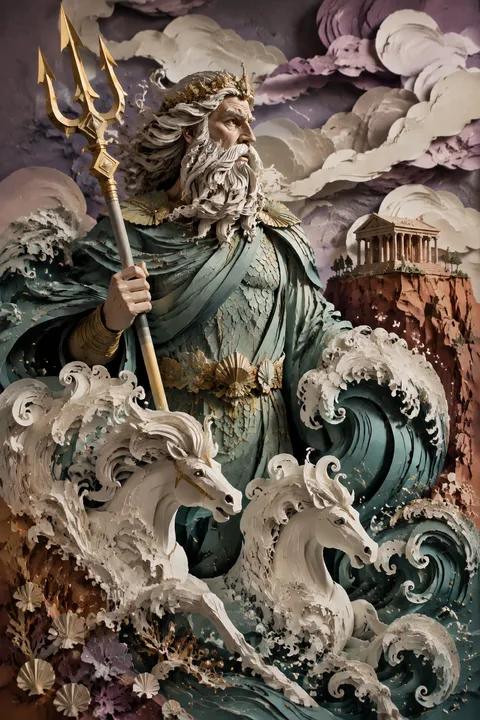 Paper sculpture interpretation of Poseidon with a trident, breaking waves and sea-foam horses.