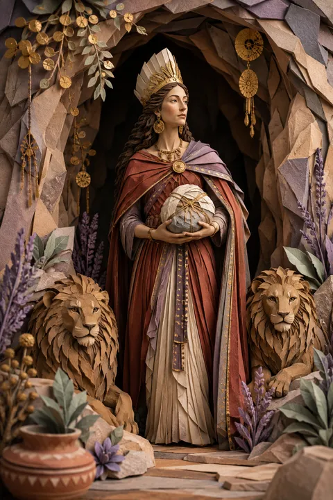 Paper sculpture interpretation of Rhea with lions, a mountain cave and a wrapped stone.