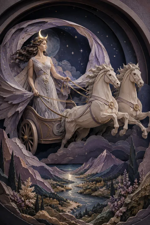 Paper sculpture interpretation of Selene with a crescent diadem and a moonlit chariot.