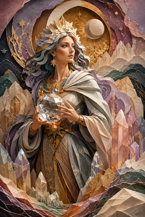 Paper sculpture interpretation of Theia with crystals, gold veins and refracted celestial light.