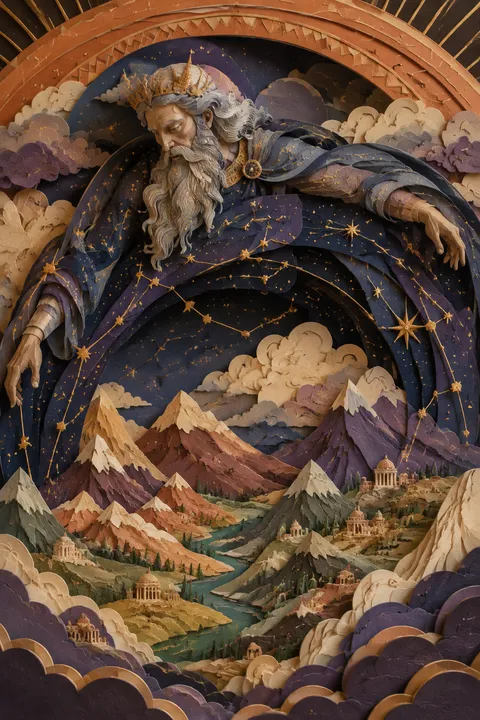 Paper sculpture interpretation of Uranus with a starry celestial dome above mountains.